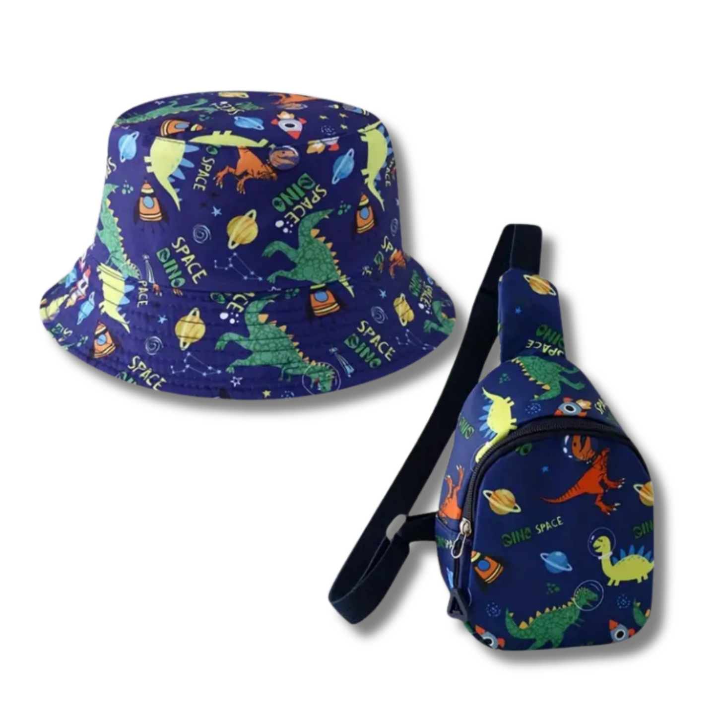 CHAPEAU DE SOLEIL ET SAC POITRINE IMPRIMÉ DINOSAURE