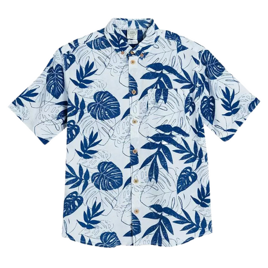 CHEMISE BLANCHE À MANCHES COURTES AVEC IMPRIMÉ FEUILLES TROPICALES BLEUES ET POCHE POITRINE-COOL CLUB