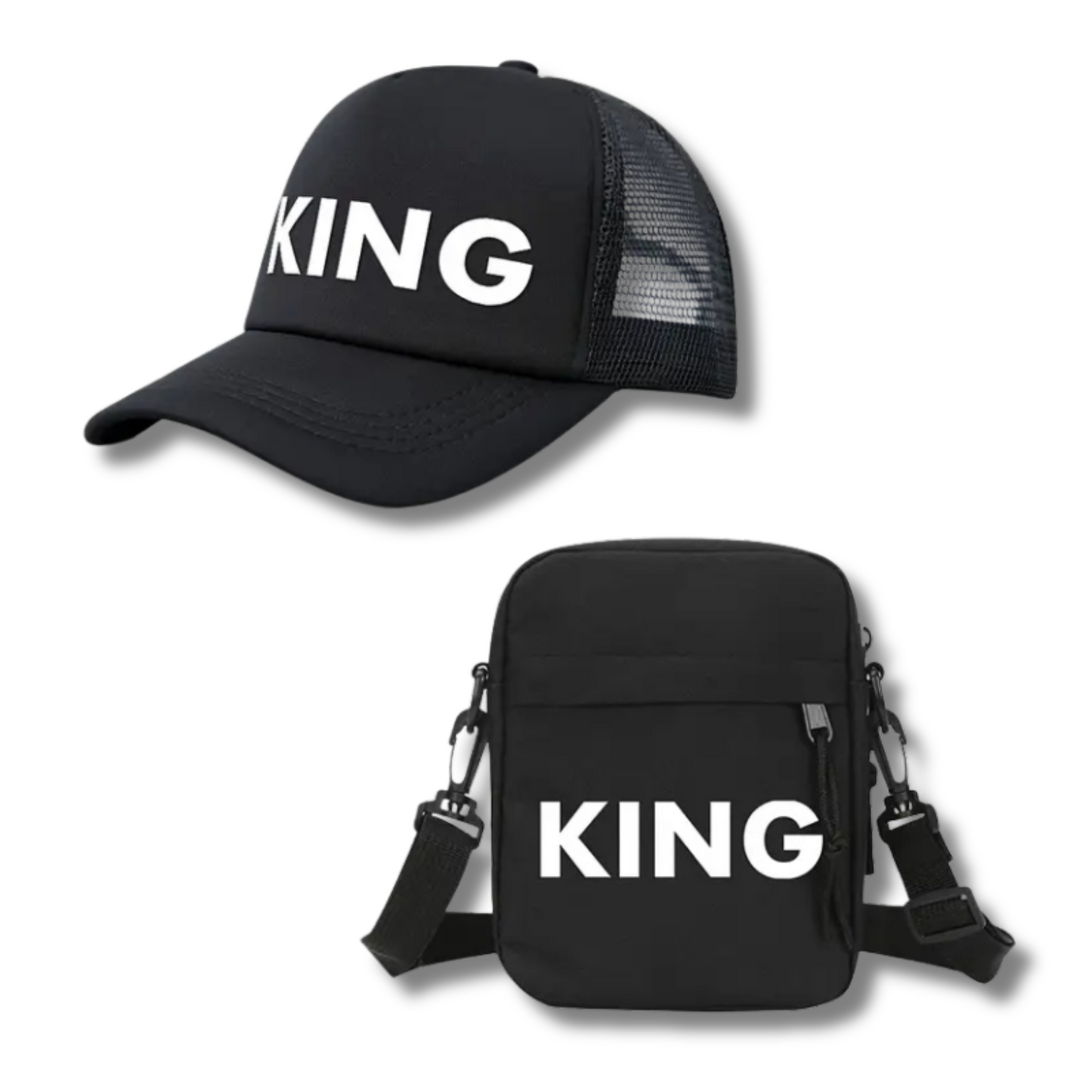ENSEMBLE DE 2 PIÈCES POUR HOMMES ET FEMMES AVEC MOTIF IMPRIMÉ "KING" SUR CASQUETTE CAMIONNEUR ET SAC POITRINE