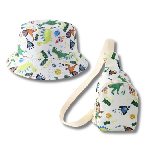 CHAPEAU DE SOLEIL ET SAC POITRINE IMPRIMÉ DINOSAURE
