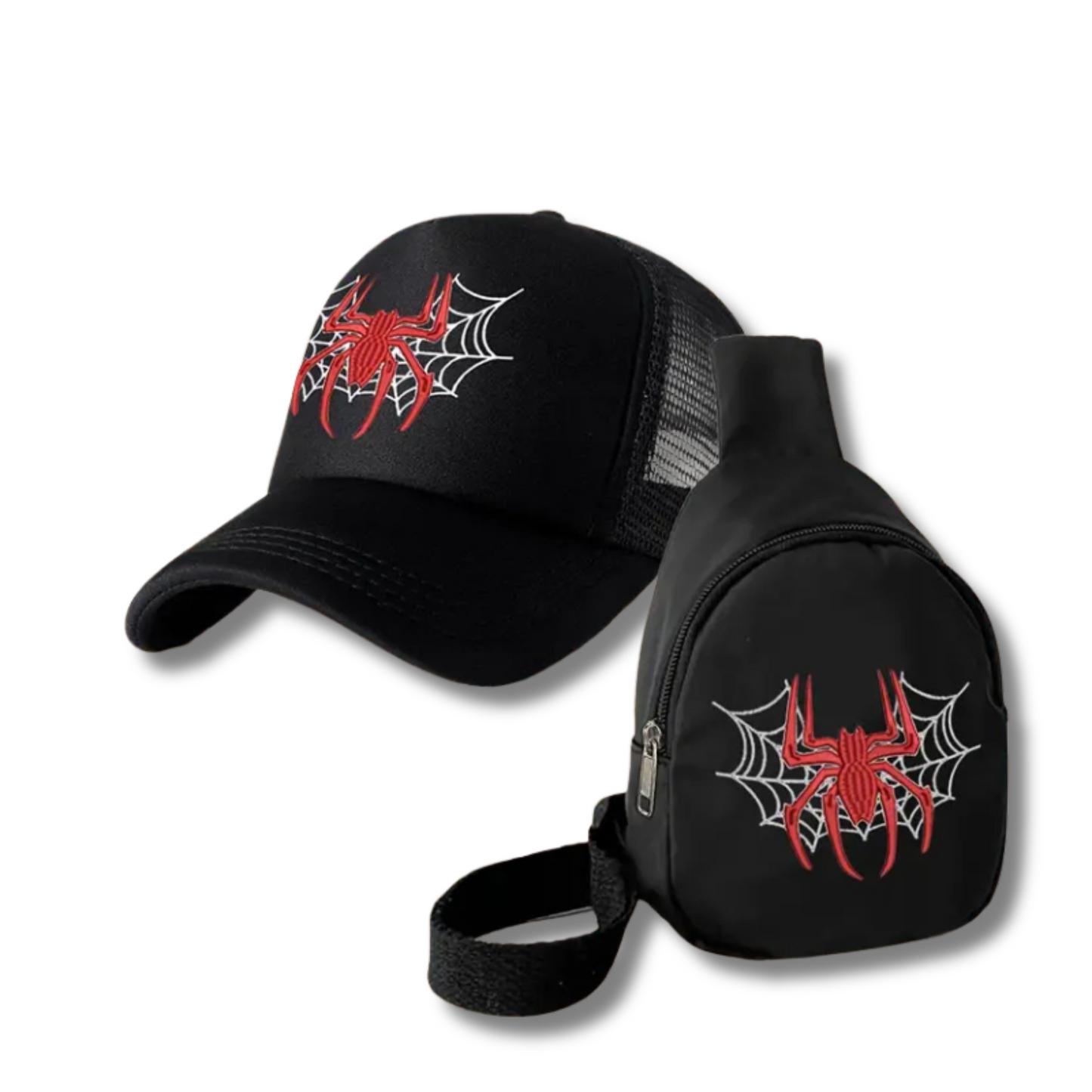 CASQUETTES DE CAMIONNEUR ET SACS DE POITRINE À MOTIF ARAIGNÉE