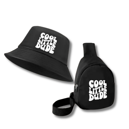 CHAPEAU BUCKET ET SAC À BANDOULIÈRE "COOL LITTLE DUDE" POUR ENFANTS