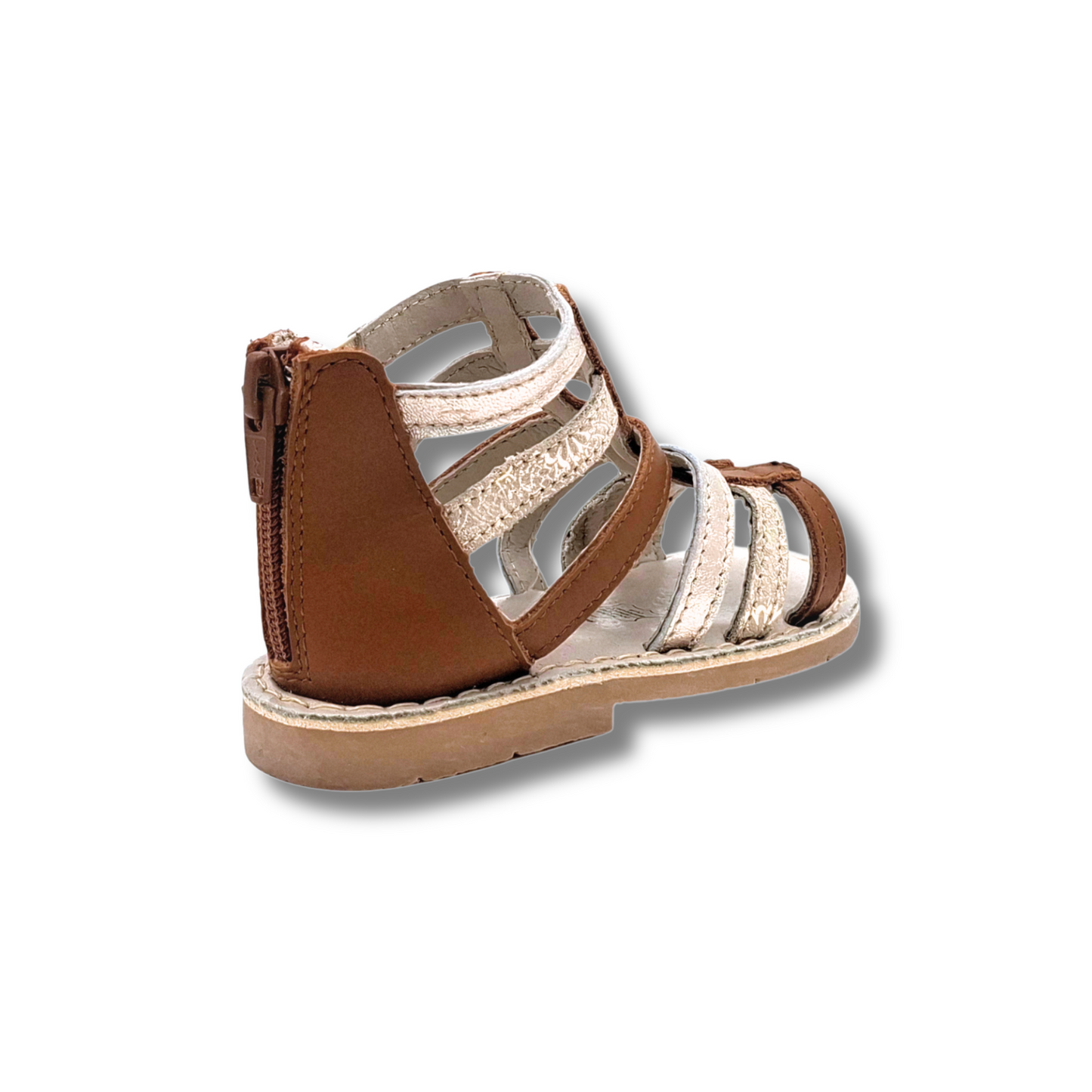 SANDALES FILLE STYLE SPARTIATES À BRIDES MÉTALLISÉES EN CUIR MARRON CLAIR