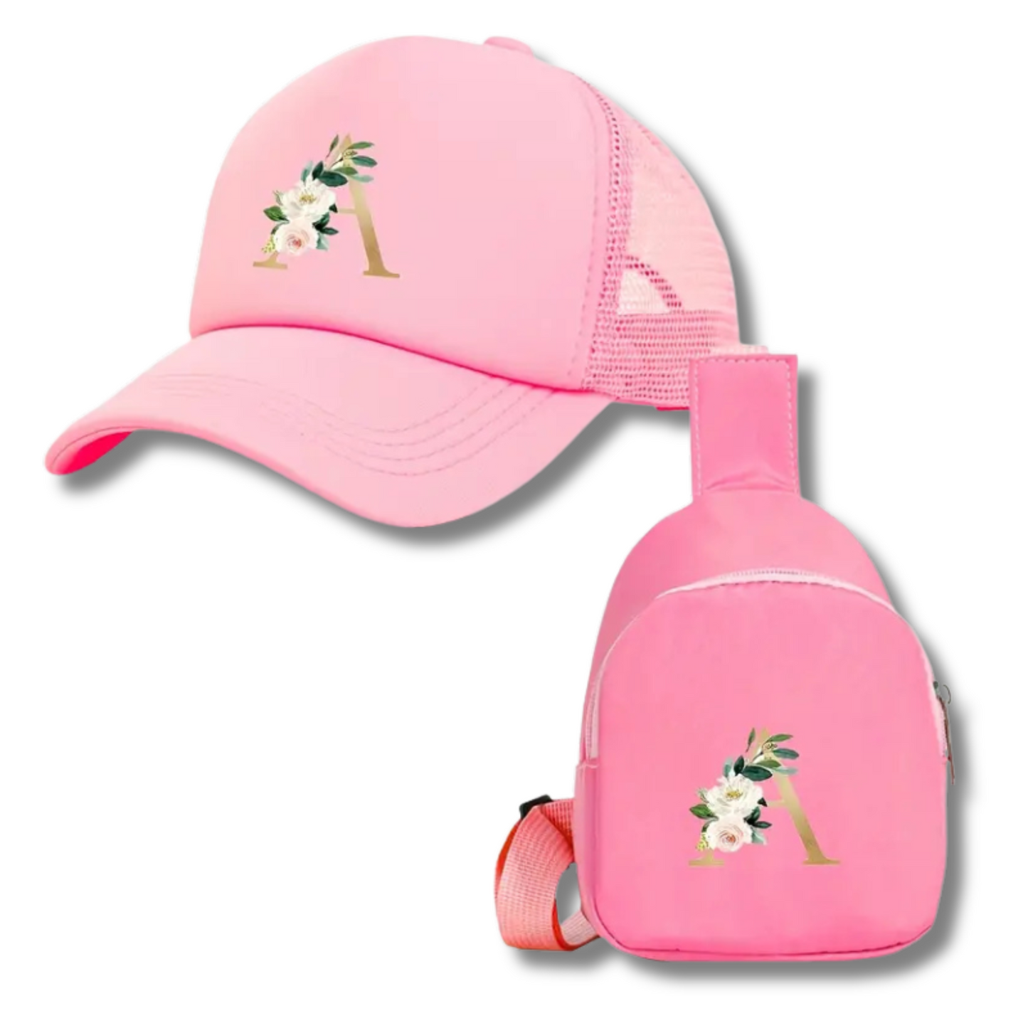 SET CASQUETTE TRUCKER AVEC IMPRIMÉ FLEURS ET LETTRE & MINI SAC POITRINE
