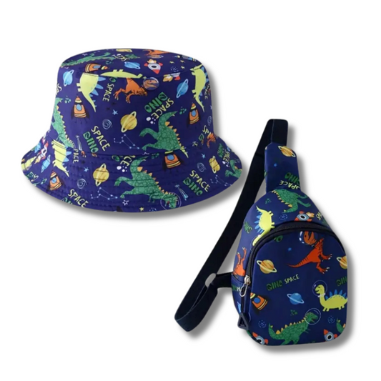 CHAPEAU DE SOLEIL ET SAC POITRINE IMPRIMÉ DINOSAURE