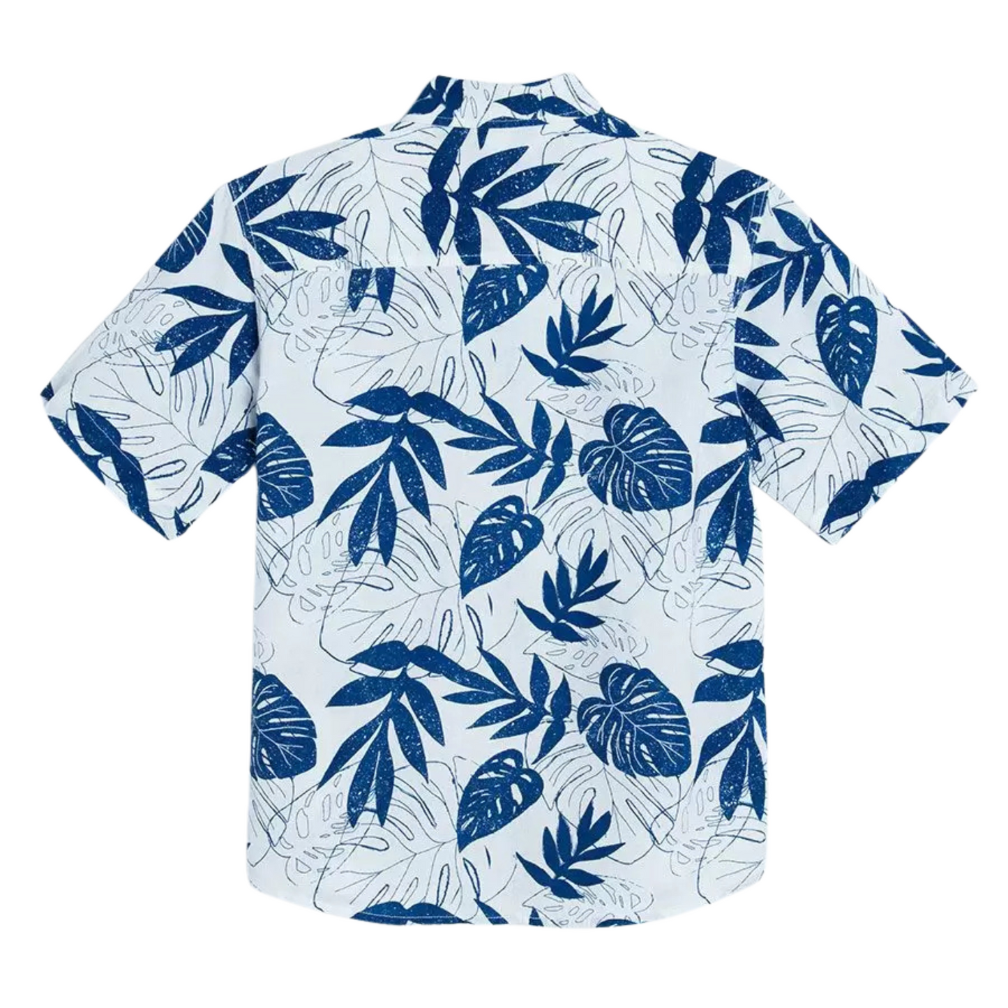 CHEMISE BLANCHE À MANCHES COURTES AVEC IMPRIMÉ FEUILLES TROPICALES BLEUES ET POCHE POITRINE-COOL CLUB