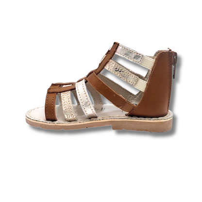 SANDALES FILLE STYLE SPARTIATES À BRIDES MÉTALLISÉES EN CUIR MARRON CLAIR