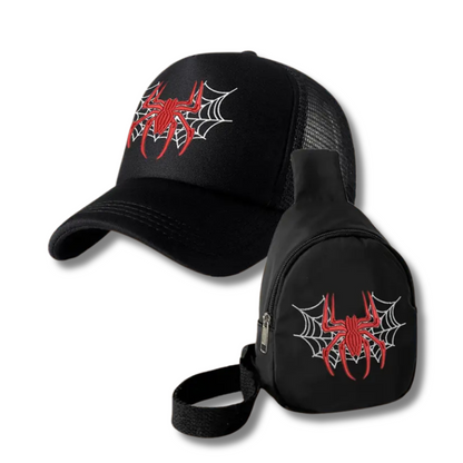 CASQUETTES DE CAMIONNEUR ET SACS DE POITRINE À MOTIF ARAIGNÉE