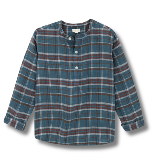 CHEMISE BLEUE À CARREAUX AVEC COL MAO-GOCCO